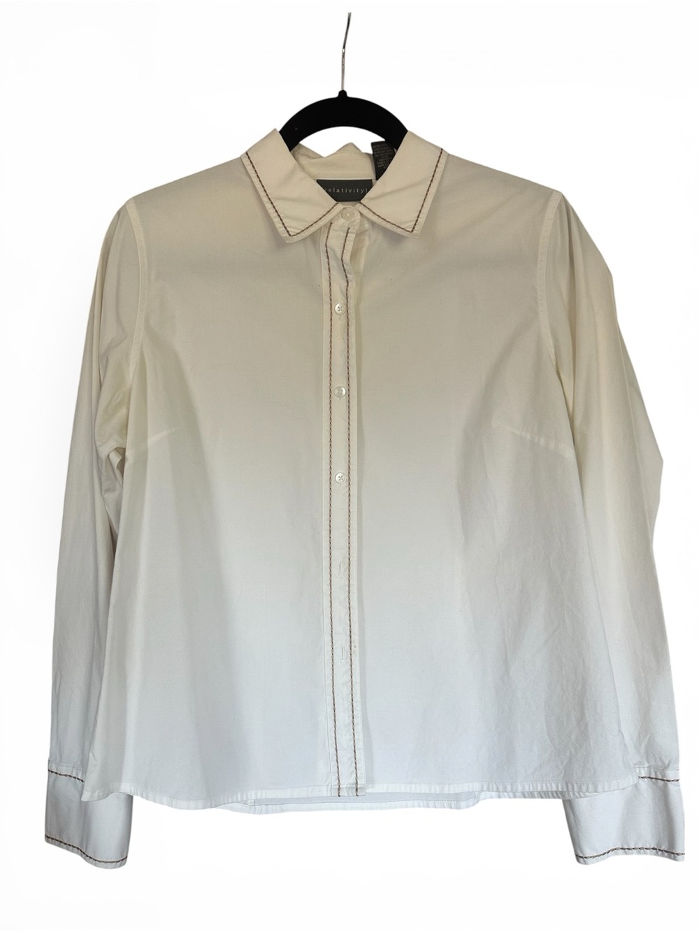 Relativity Cream Button-Down Shirt with Contrast Brown Stitching. Vintage